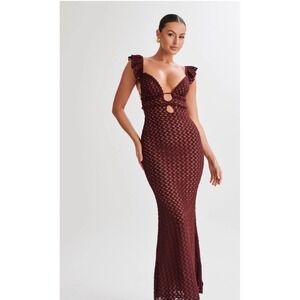MESHKI Ezra Lace Maxi Dress XXS Open Back Ruffle Sleeve Mermaid Gown Wine